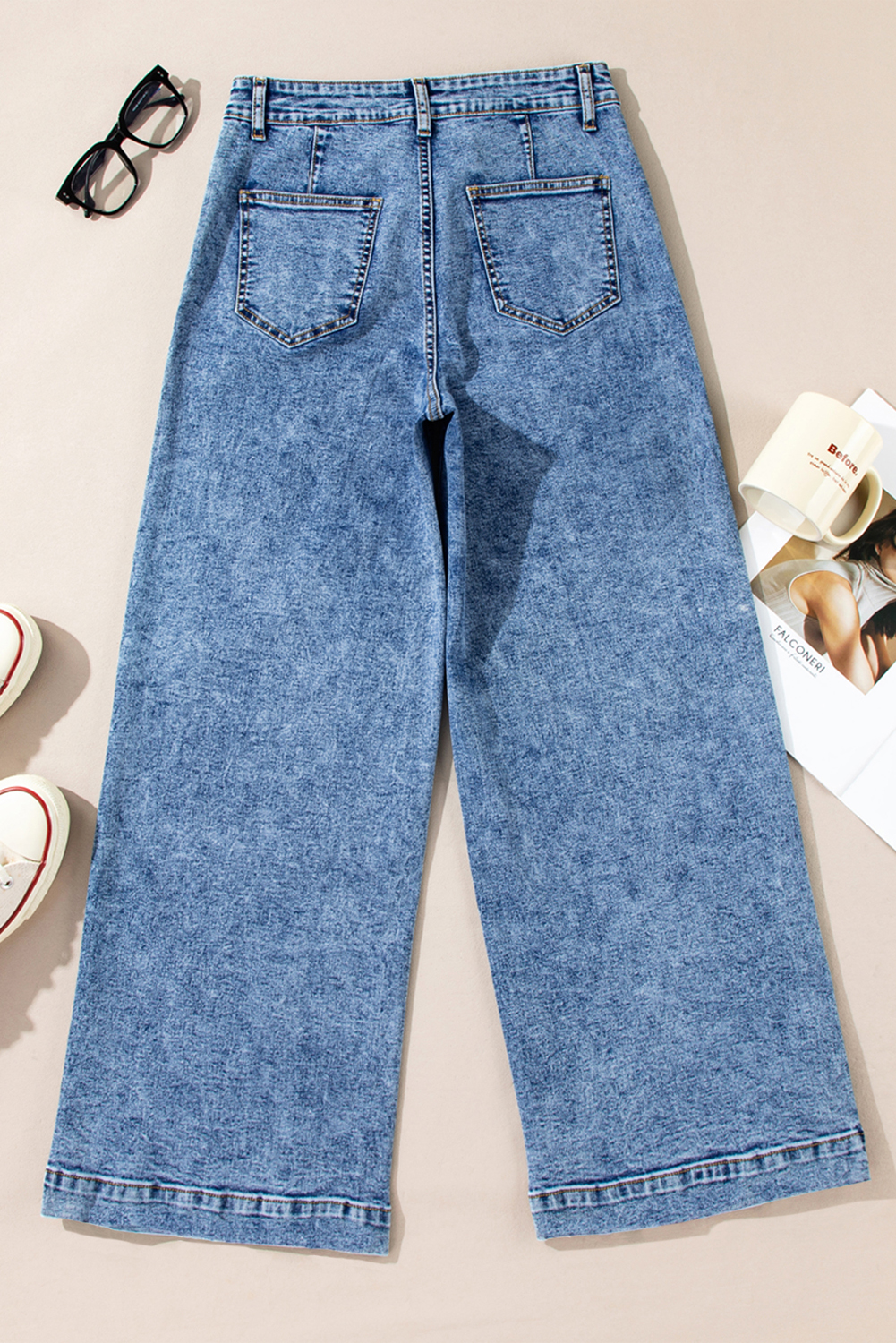 Light Blue Chic Patch Pocket Straight Leg Loose Jeans