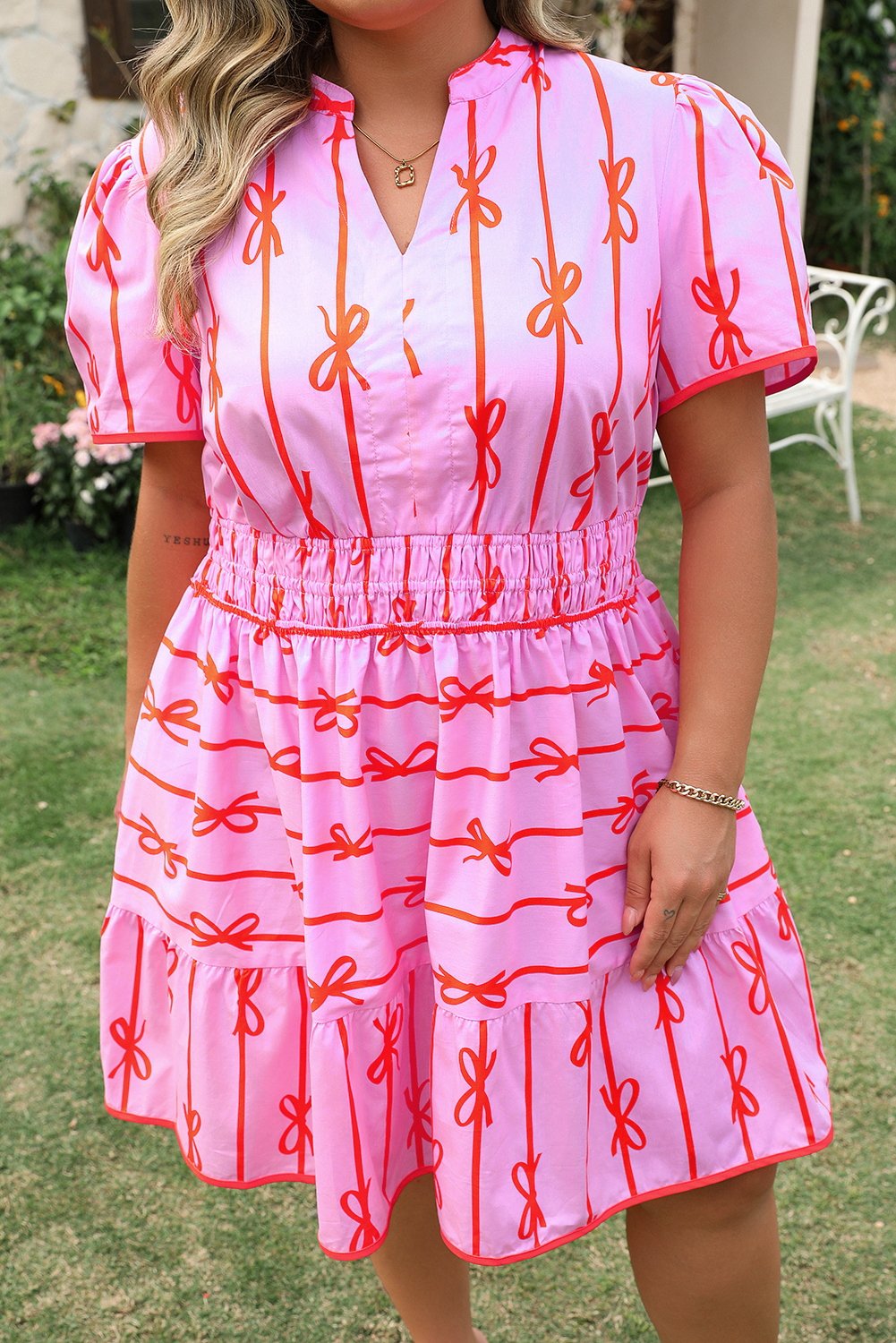 Pink Bowknot Striped Printed Bubble Sleeve Buttoned Belted Mini Dress