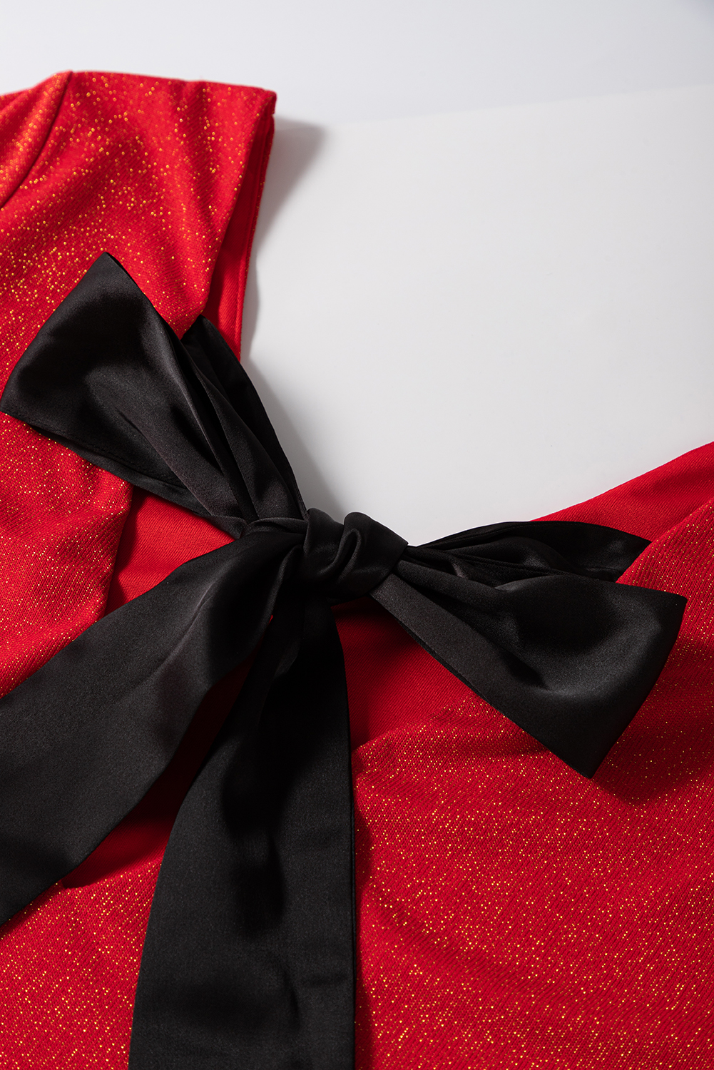 Red Metallic Bowknot Open Back V Neck Top