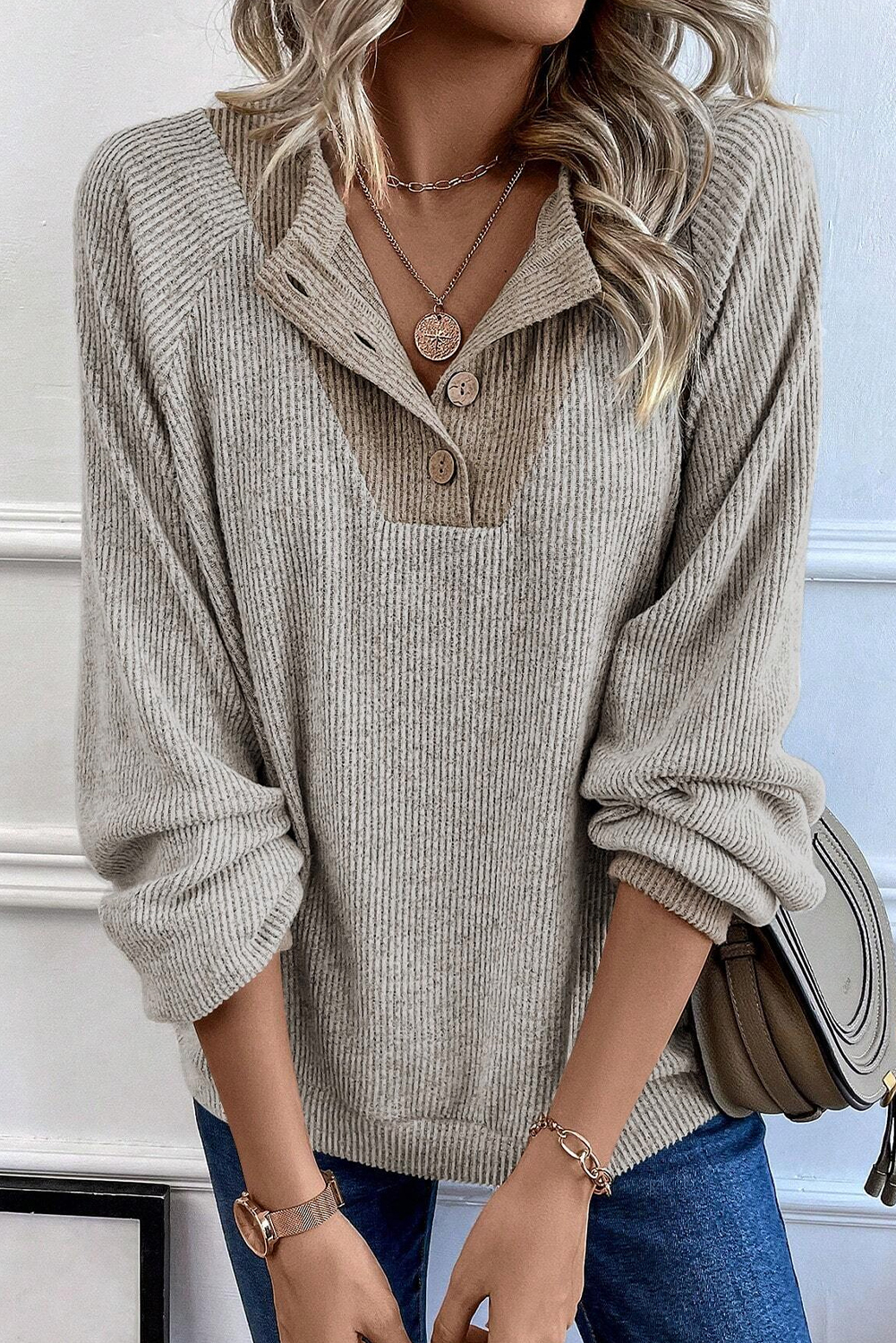 Contrast Ribbed Loose Fit Long Sleeve Top