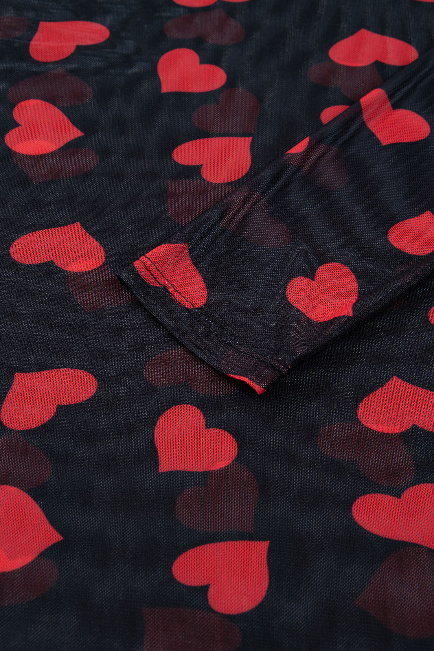 Black Valentines Heart Printed Sheer Mesh Long Sleeve Top