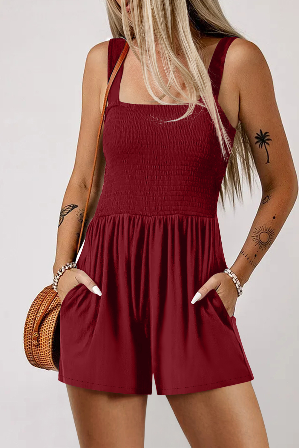 Burgundy Casual Pocketed Smocked Sleeveless Romper
