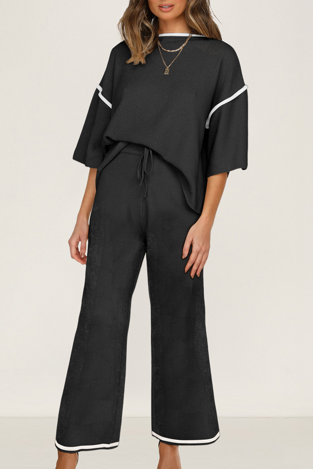 Blackish Green Contrast Trim Half Sleeve Top Drawstring Pants Loose 2pcs Sweater Suit