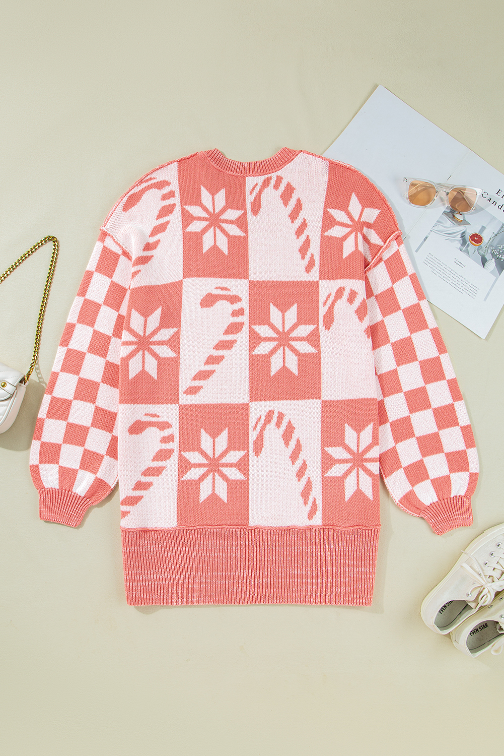 Pink Candycane Snowflake Checker Christmas Holiday Drop Shoulder Tunic Loose Sweater