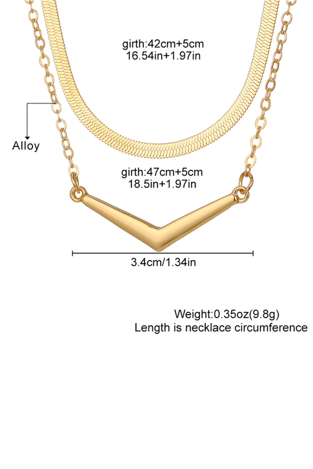 Gold V-shape Pendant Snake Bone Chain Double Layer Necklace