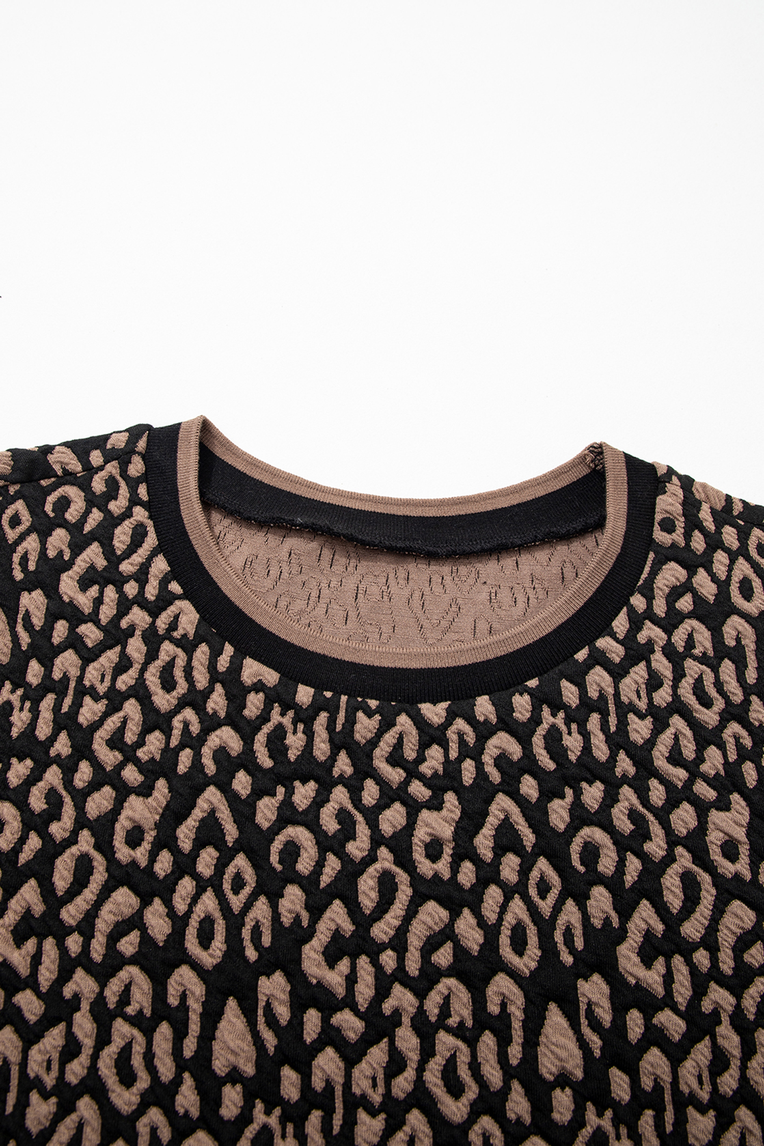 Black Leopard Print Puffy Bracelet Sleeve Contrast Trim Round Neck Top