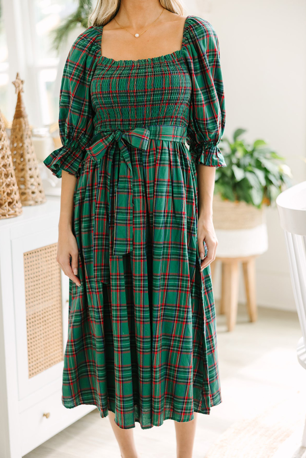 Red Tartan Plaid Square Neck Puff Sleeve Knot Waist Flared Midi Dress