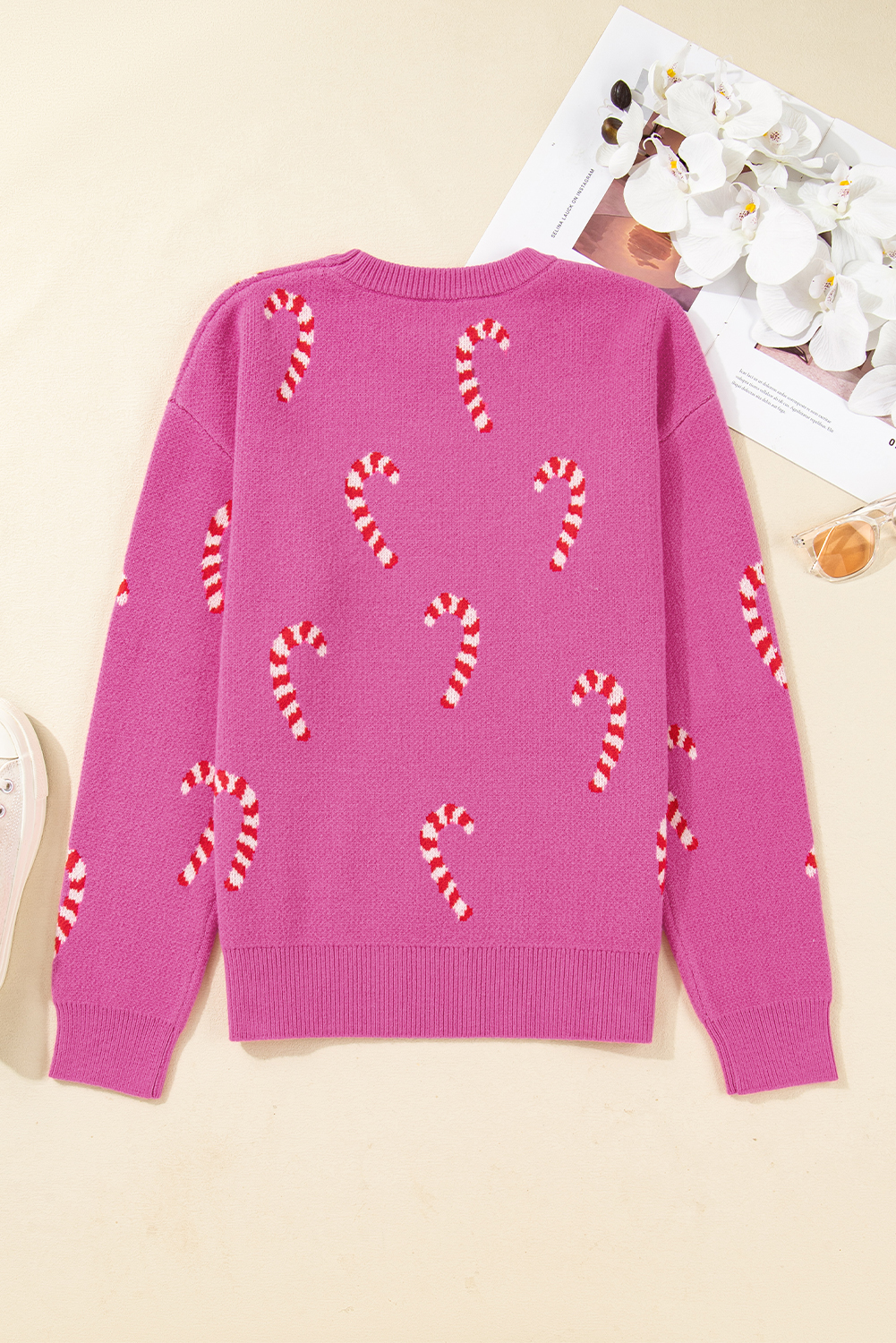 Dark Green Christmas Candy Cane Holiday Drop Shoulder Sweater