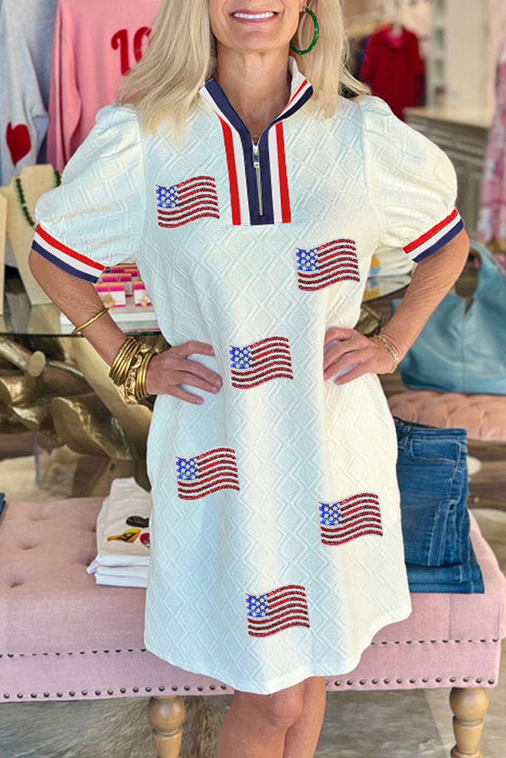 White Textured Contrast Striped Detail Sequin Flag Patched Zip Collar T Shirt Dress