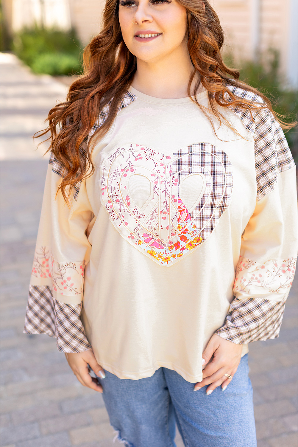 Beige Flower Patch Graphic Exposed Seam Wide Sleeve Top