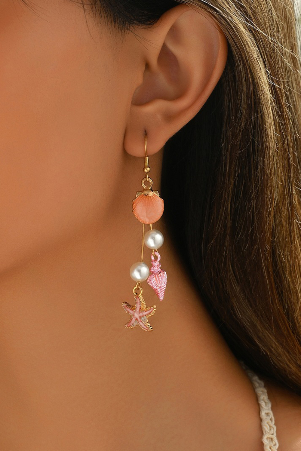 Bonbon Starfish Conch Shell Pearl Dangle Earrings