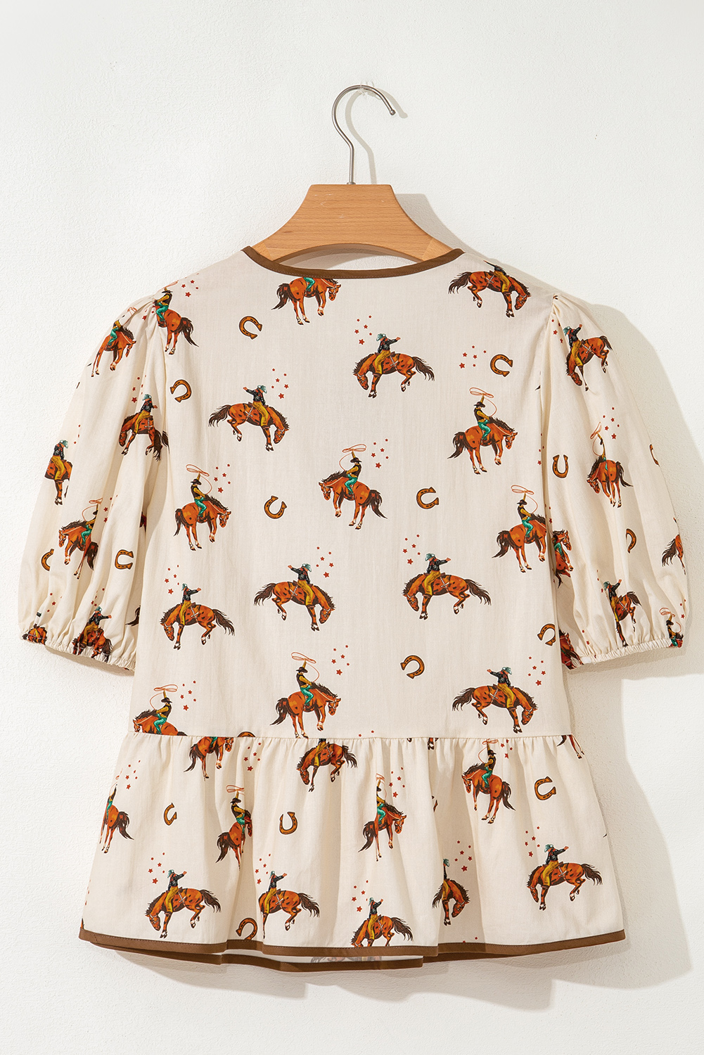 Apricot Cowboy Print Puff Sleeve Bowknot Peplum Blouse
