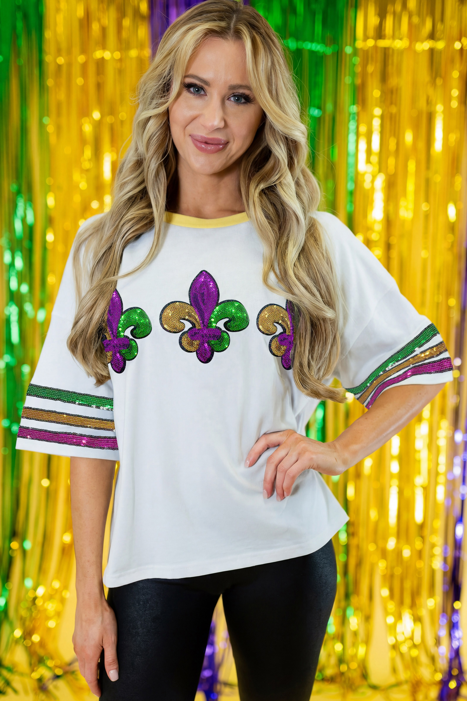 White Sequin Fleur de Lis Mardi Gras Varsity T Shirt