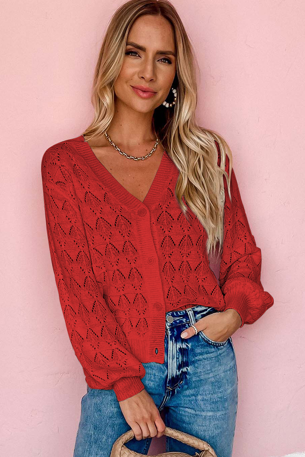 Fiery Red Lightweight Buttoned Front Crochet Cardigan