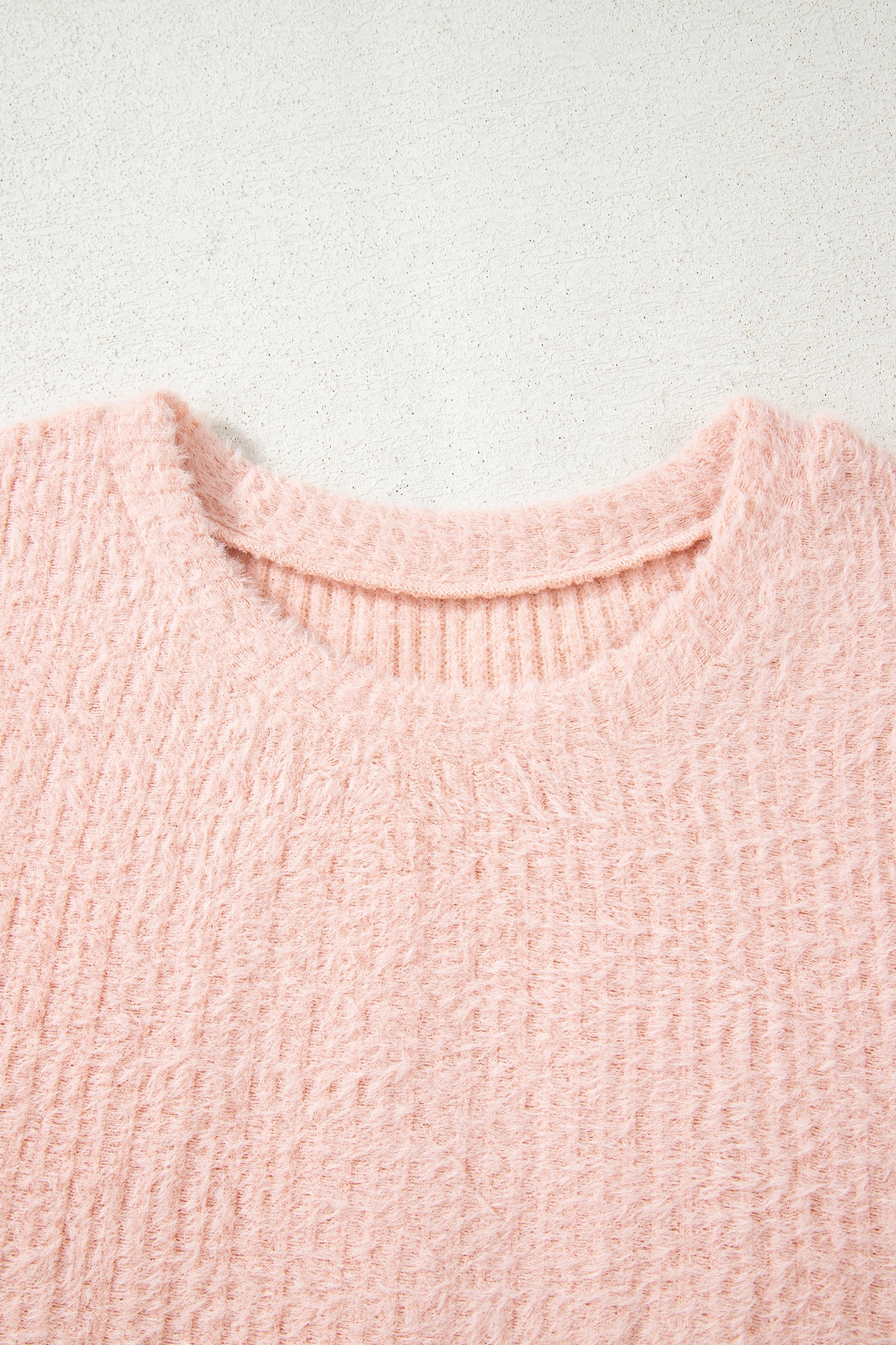 Light Pink Fuzzy Ribbed Texture Round Neck Long Sleeve Top