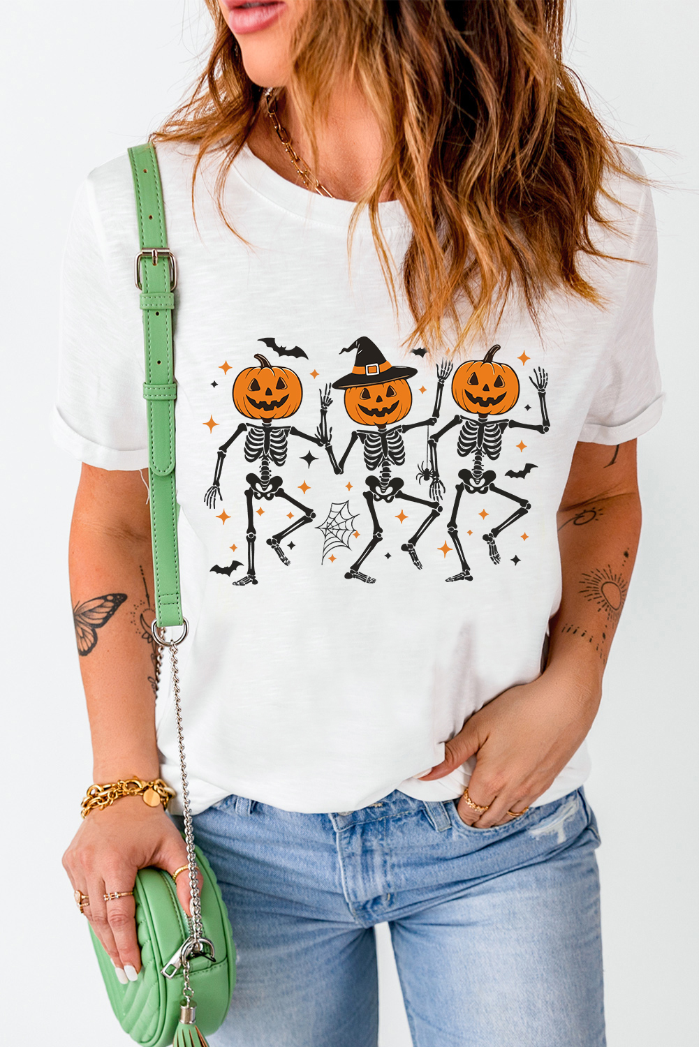 White Halloween Pumpkin Skeleton Graphic Cotton Blend Tee