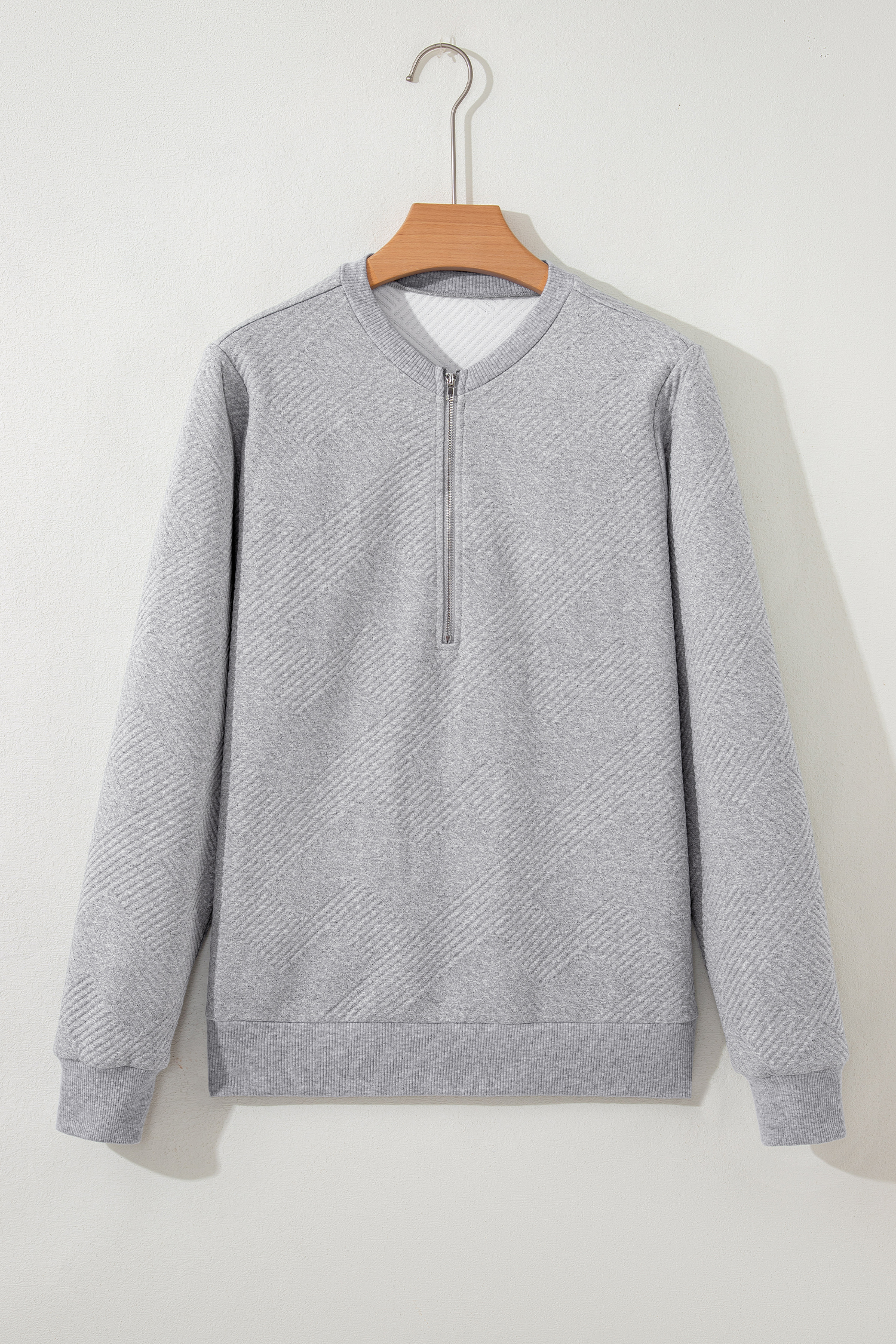 Medium Grey Trendy Textured Half Zip Loose Sweatshirt