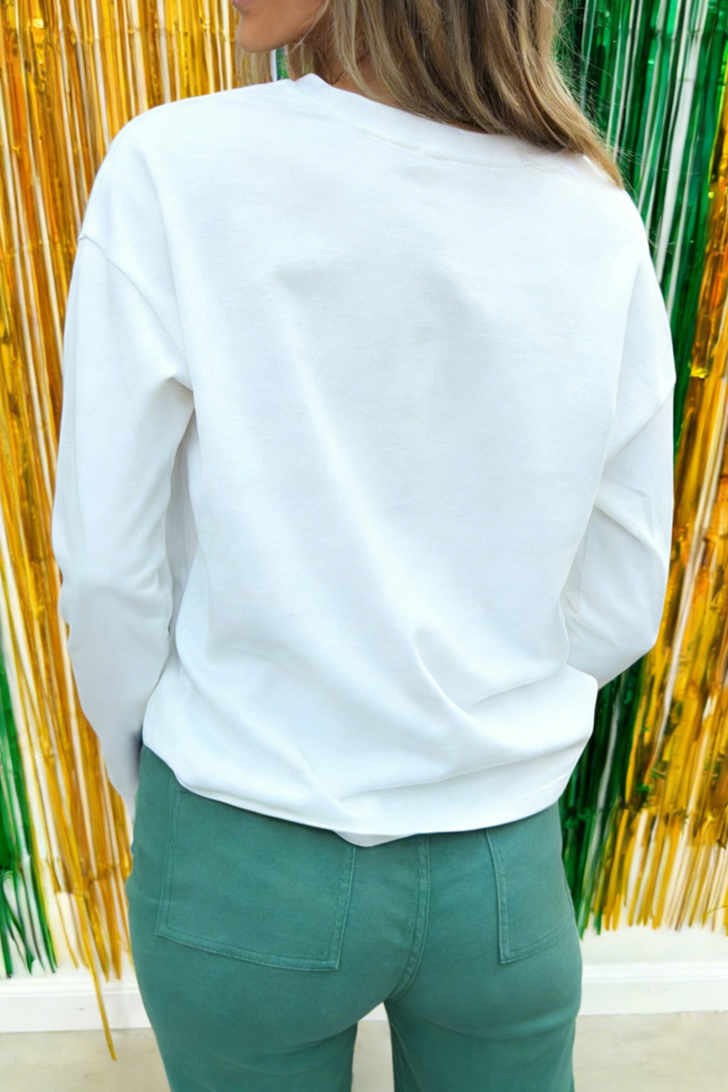 White LUCKY Clover Embroidered Long Sleeve Top