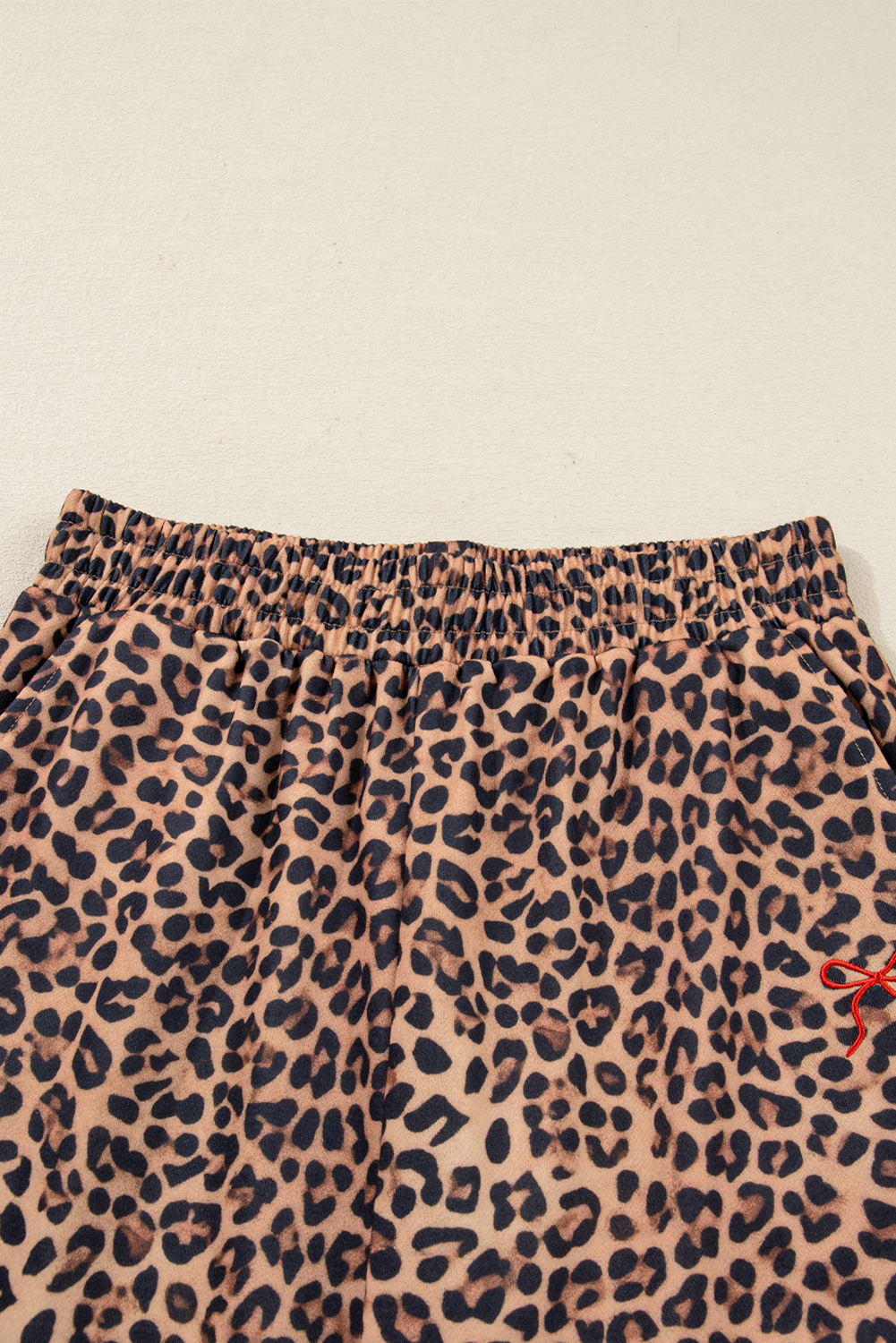 Khaki Leopard Pullover and Pants 2pcs Outfit with Bow Embroidery