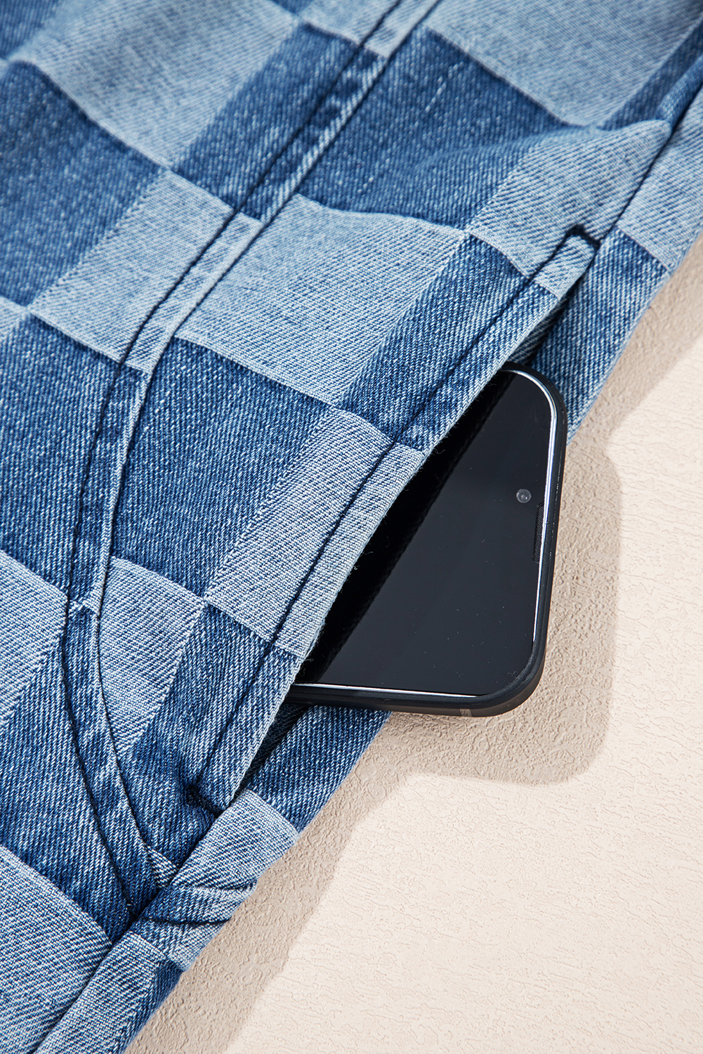 Dark Grey Checkered Denim Wide Leg Jeans