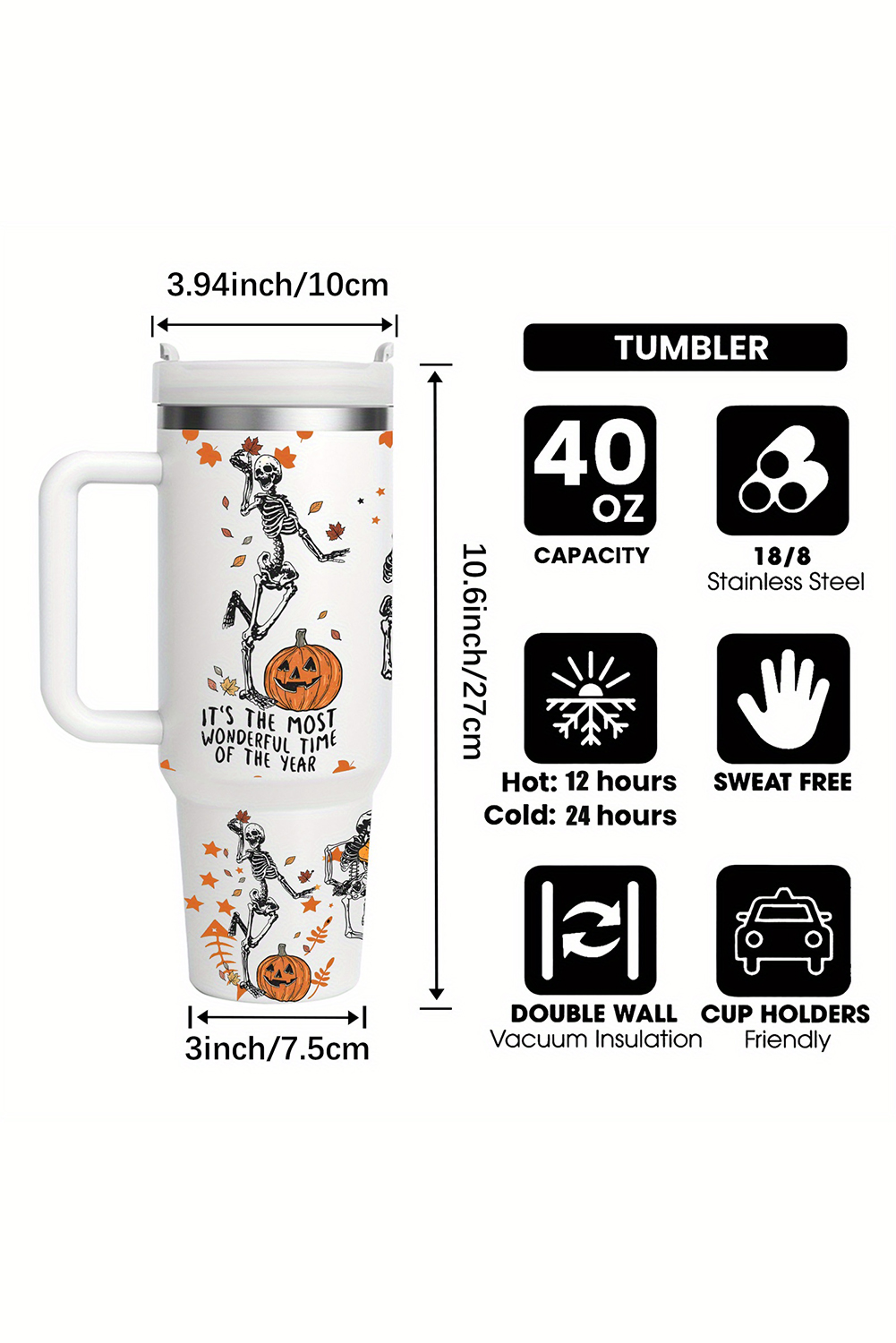 White 1200ml Halloween Dancing Skeleton Pumpkin Face Printed Thermos Cup