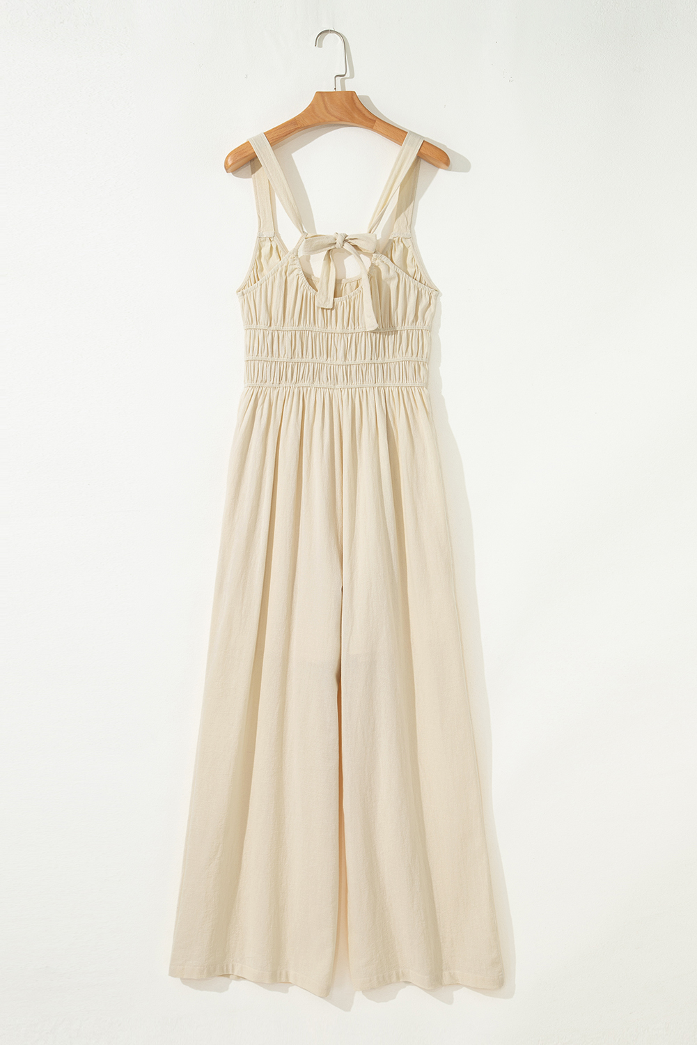 Beige Ruched High Waist Sleeveless Wide Leg Jumpsuit
