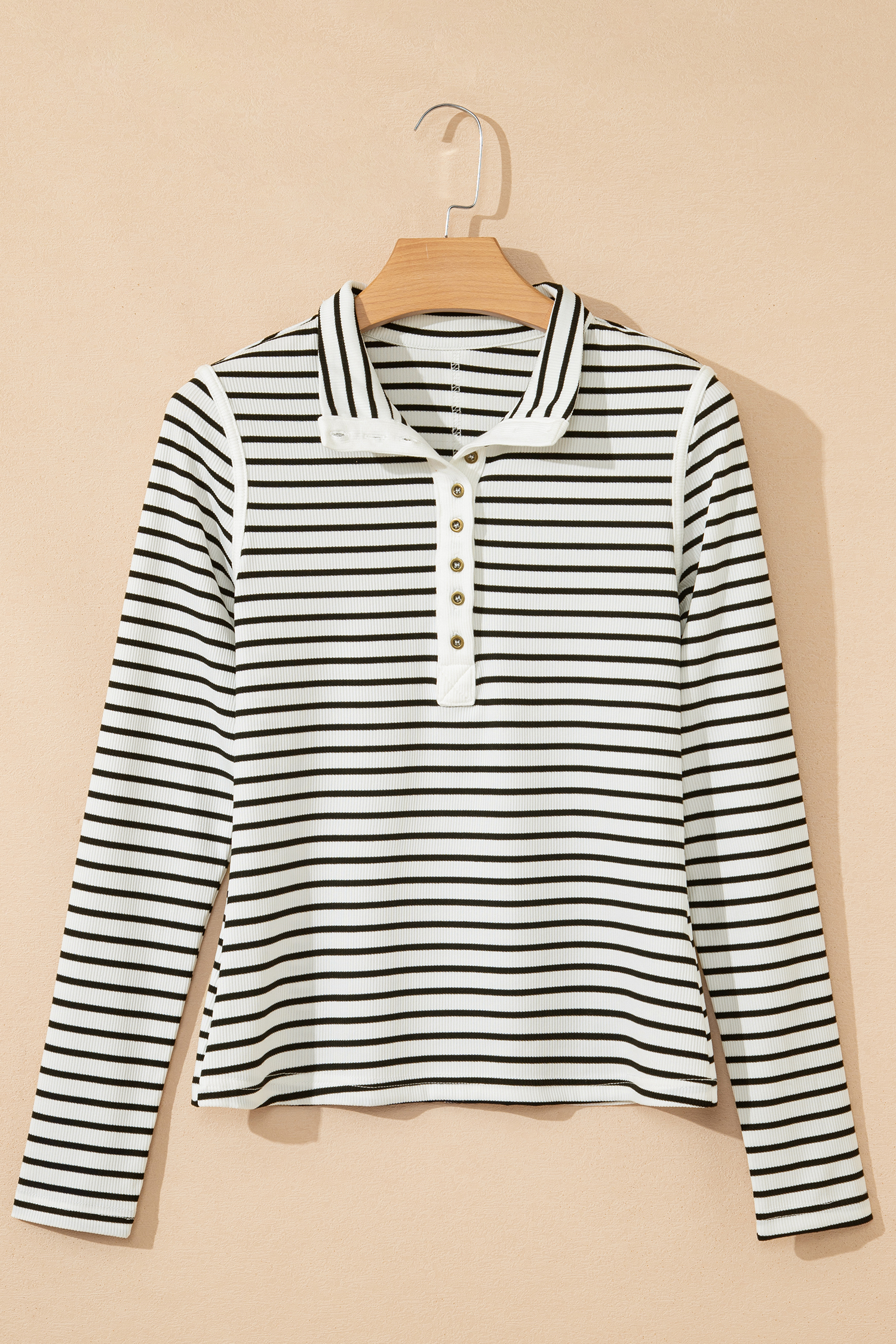 Black Stripe Ribbed Knit Half Button Long Sleeve Slim Top