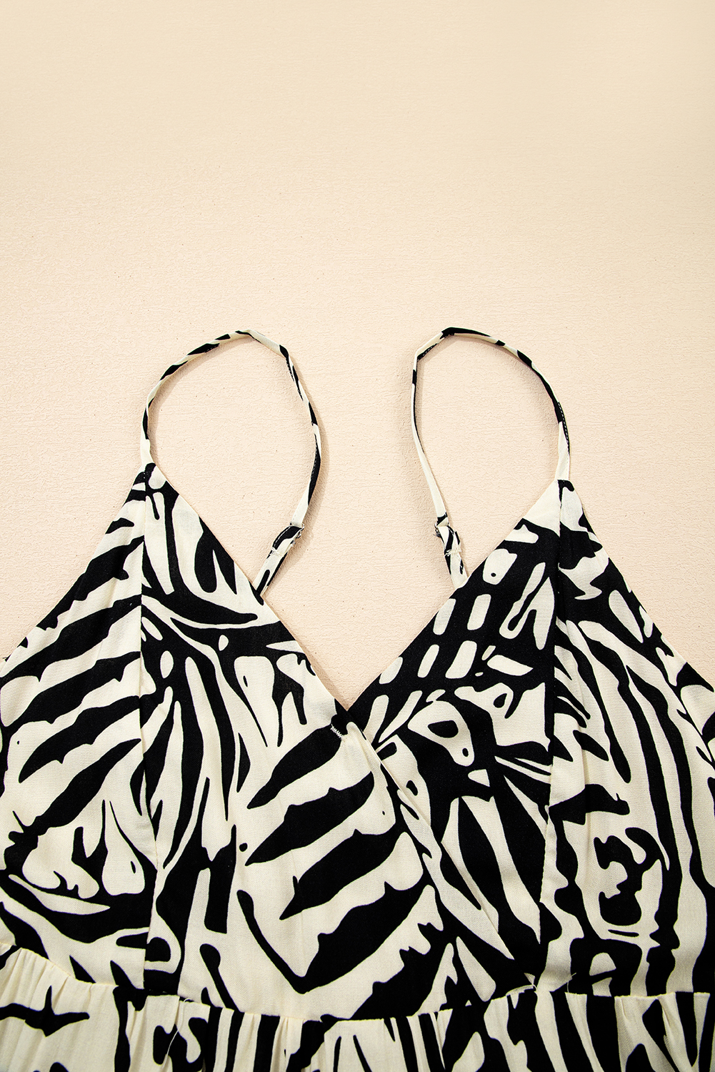 Khaki Tropical Palm Print Wrapped V Neck Spaghetti Straps Tiered Dress