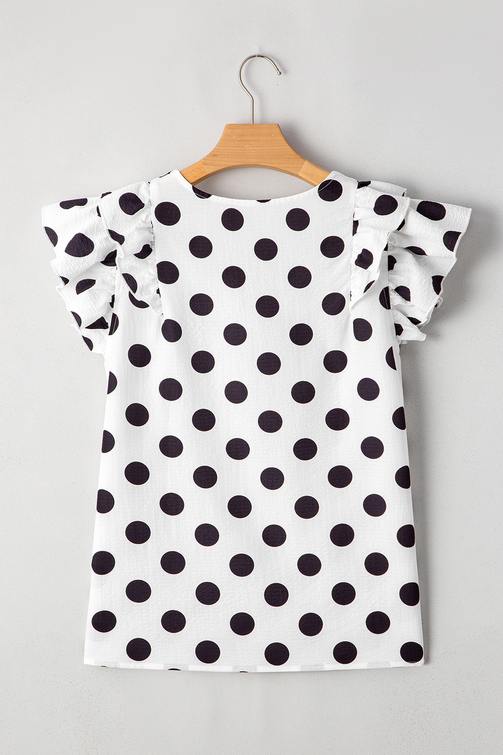 Black Polka Dot Print Ruffled Sleeve V Neck Blouse
