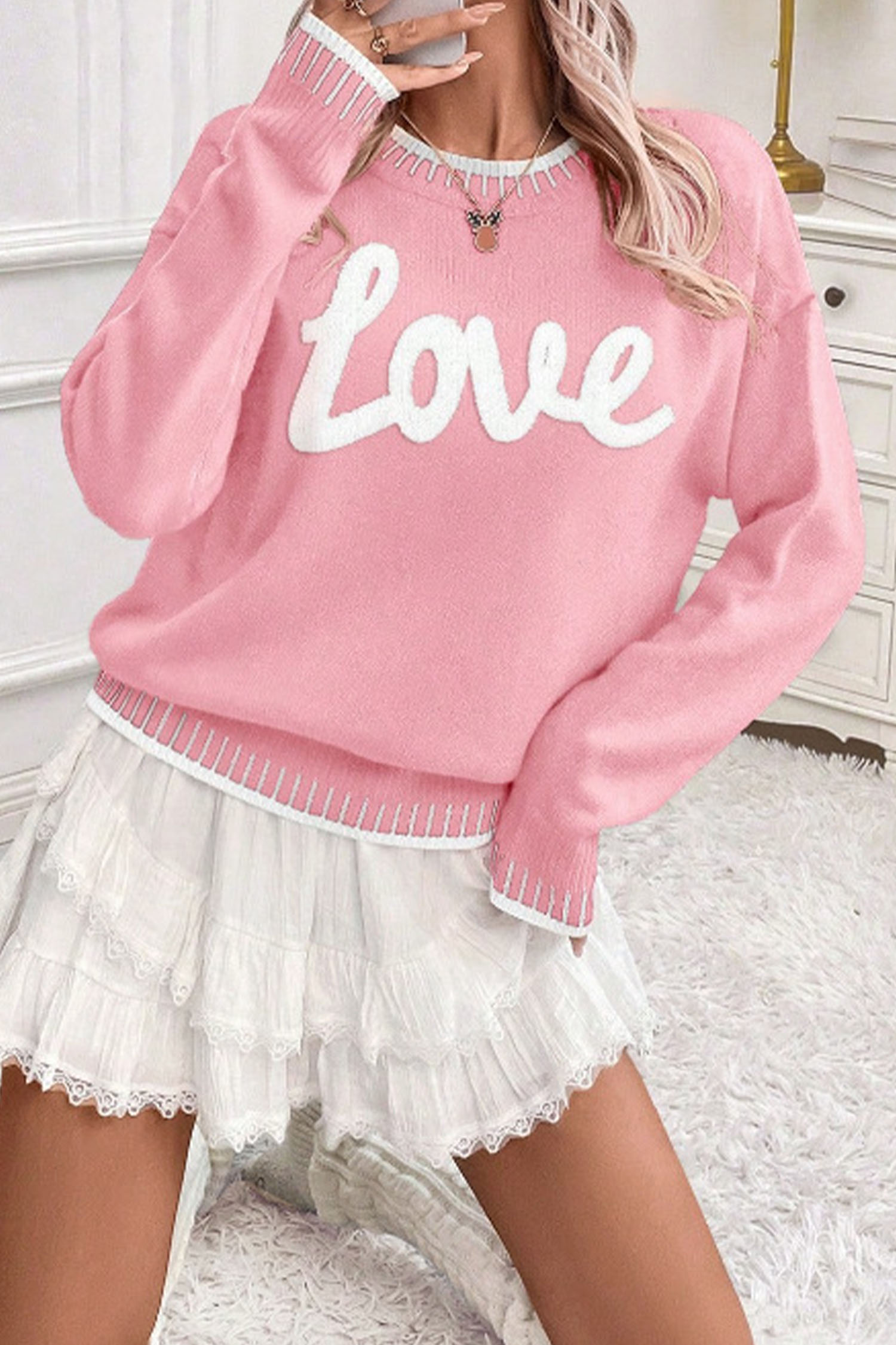Light Blue Valentine Love Chenille Letter Graphic Sweater