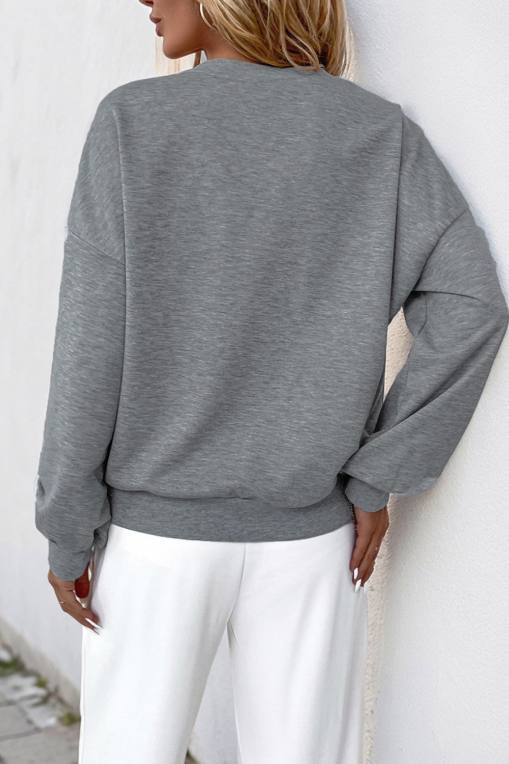 Medium Grey Pearl Embellished Hollow Out Flower Pattern Drop Shoulder Sweatshirt