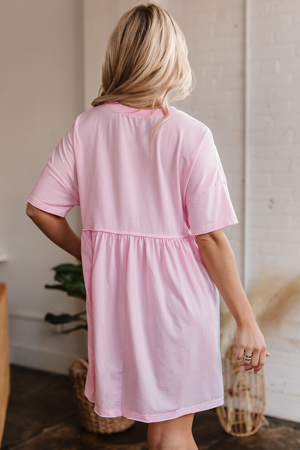 Light Pink Sequined Note Pattern Raw Edge Music Festival Babydoll T-shirt Dress