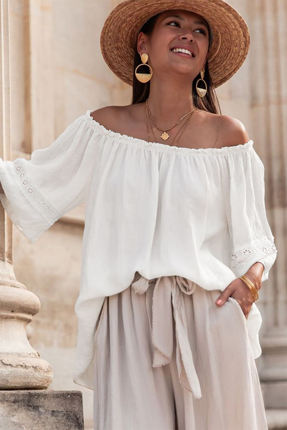 White Frilly Off Shoulder Lace Insert Sleeve Textured Blouse