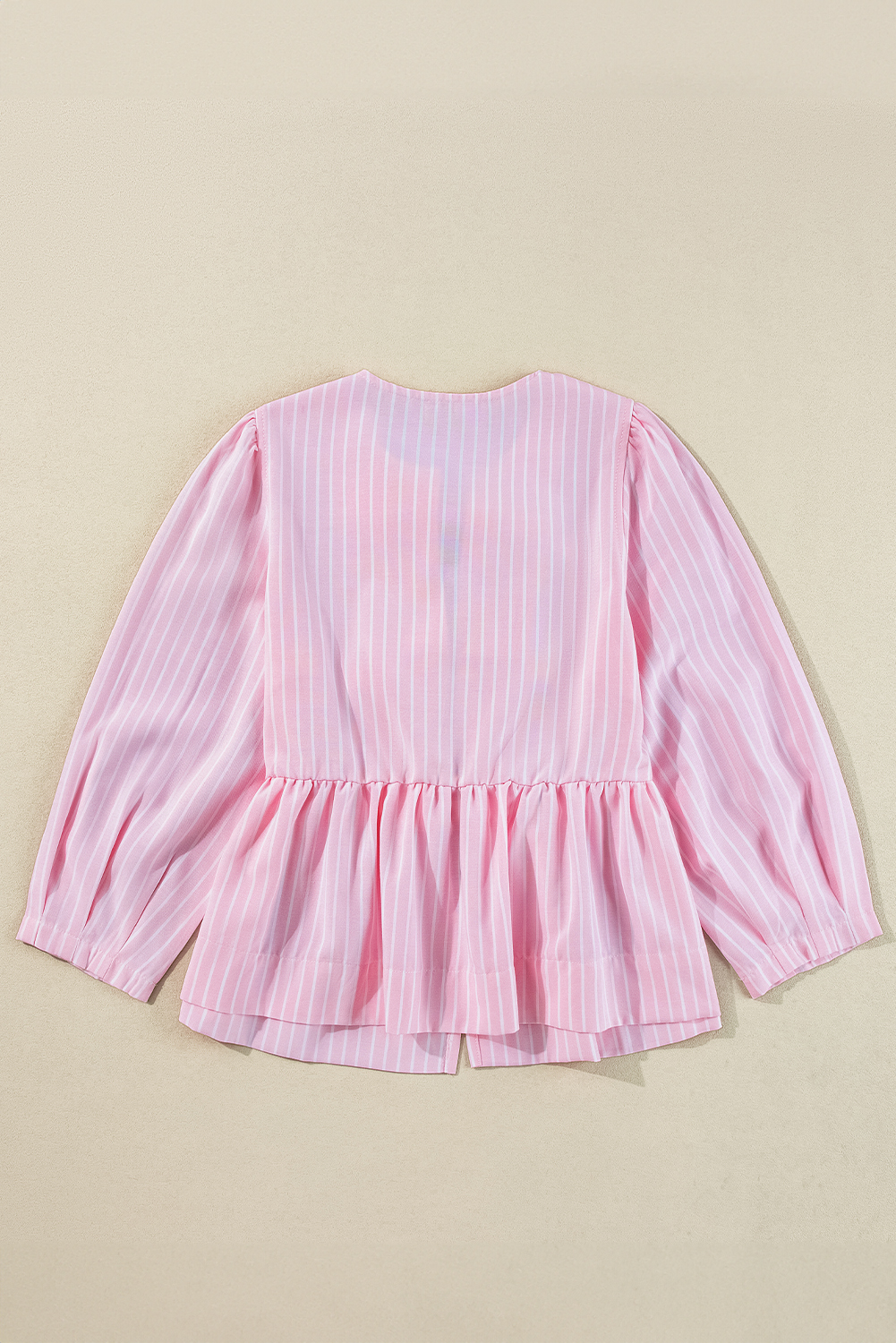 Pink Stripe Bowknot Front Crew Neck Puff Sleeve Blouse