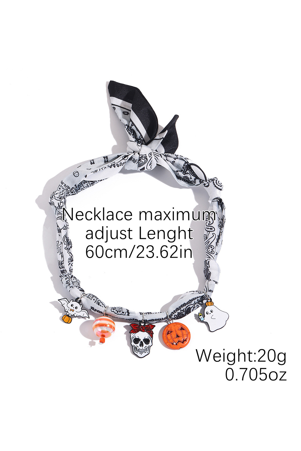 White Boho Printed Knot Scarf Halloween Pumpkin Ghost Charm Necklace