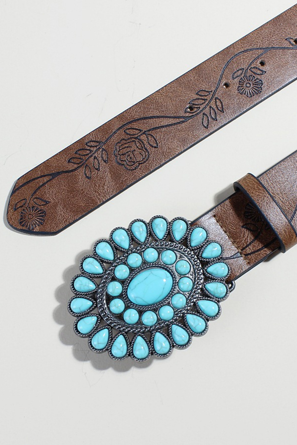 Chestnut Turquoise Gem Stone Western Fashion Faux Leather Belt