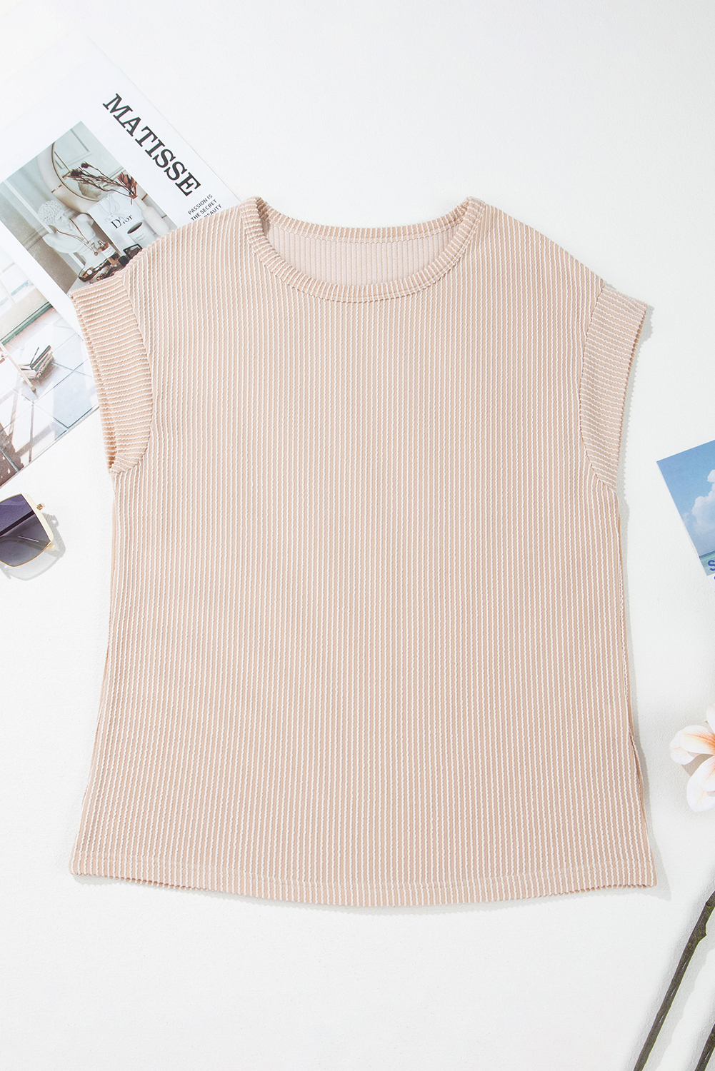 Gray Twisted Rib Wide Sleeve Crew Neck T Shirt