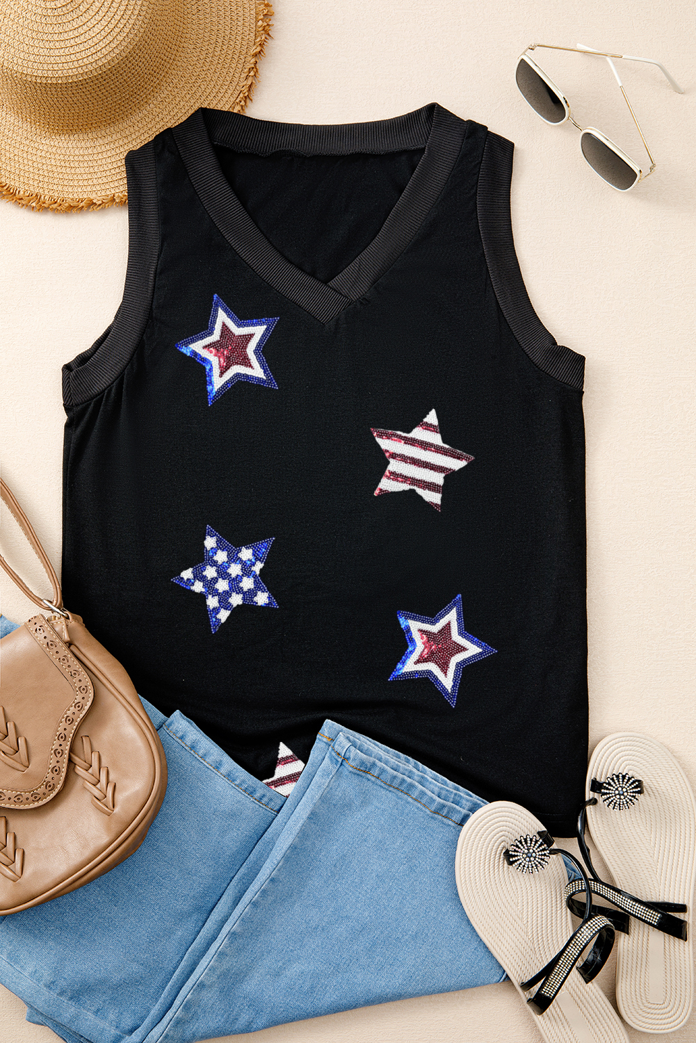 Black July 4th Sequin Star Patched V Neck Tank Top