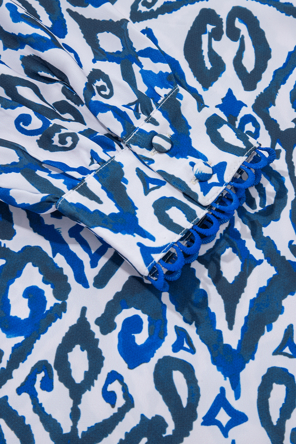 Blue Bohemian Print Embroidered V Neckline Detail Long Sleeve Shirt