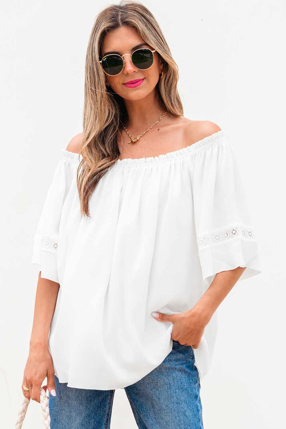 White Frilly Off Shoulder Lace Insert Sleeve Textured Blouse