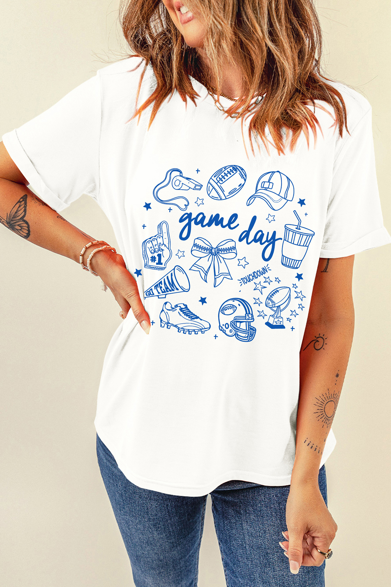 White Game Day Doodle Printed T Shirt
