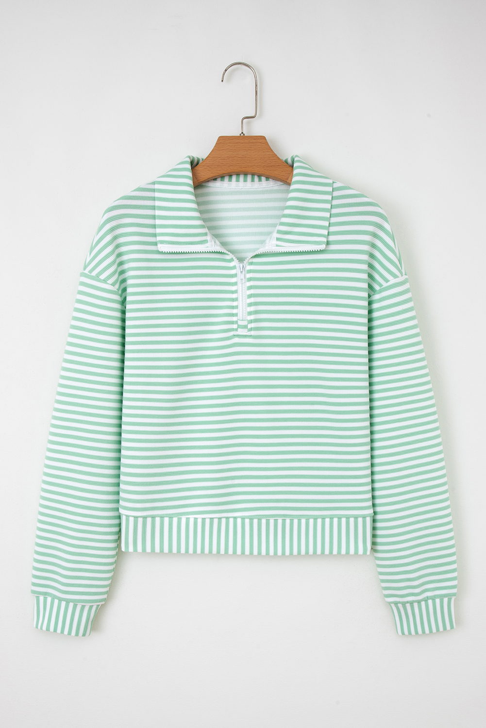 Green Stripe Quarter Zip Collar Pullover Long Sleeve Top