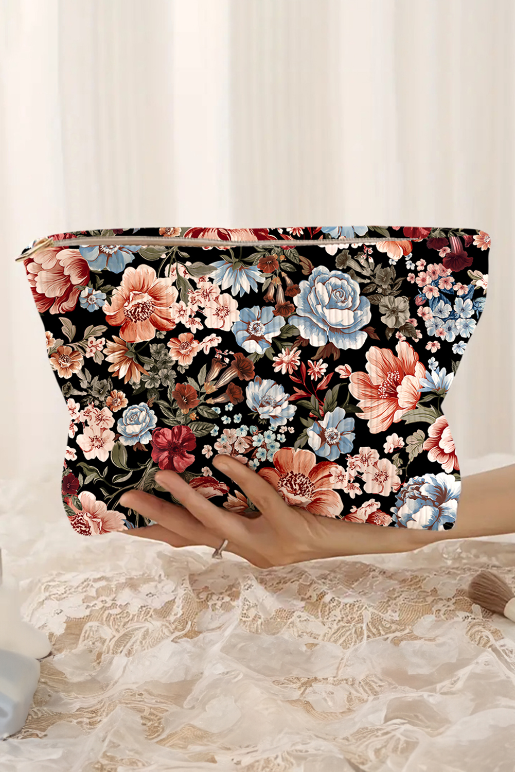 Black Flower Print Zipper Ribbed Corduroy Large Makeup Bag