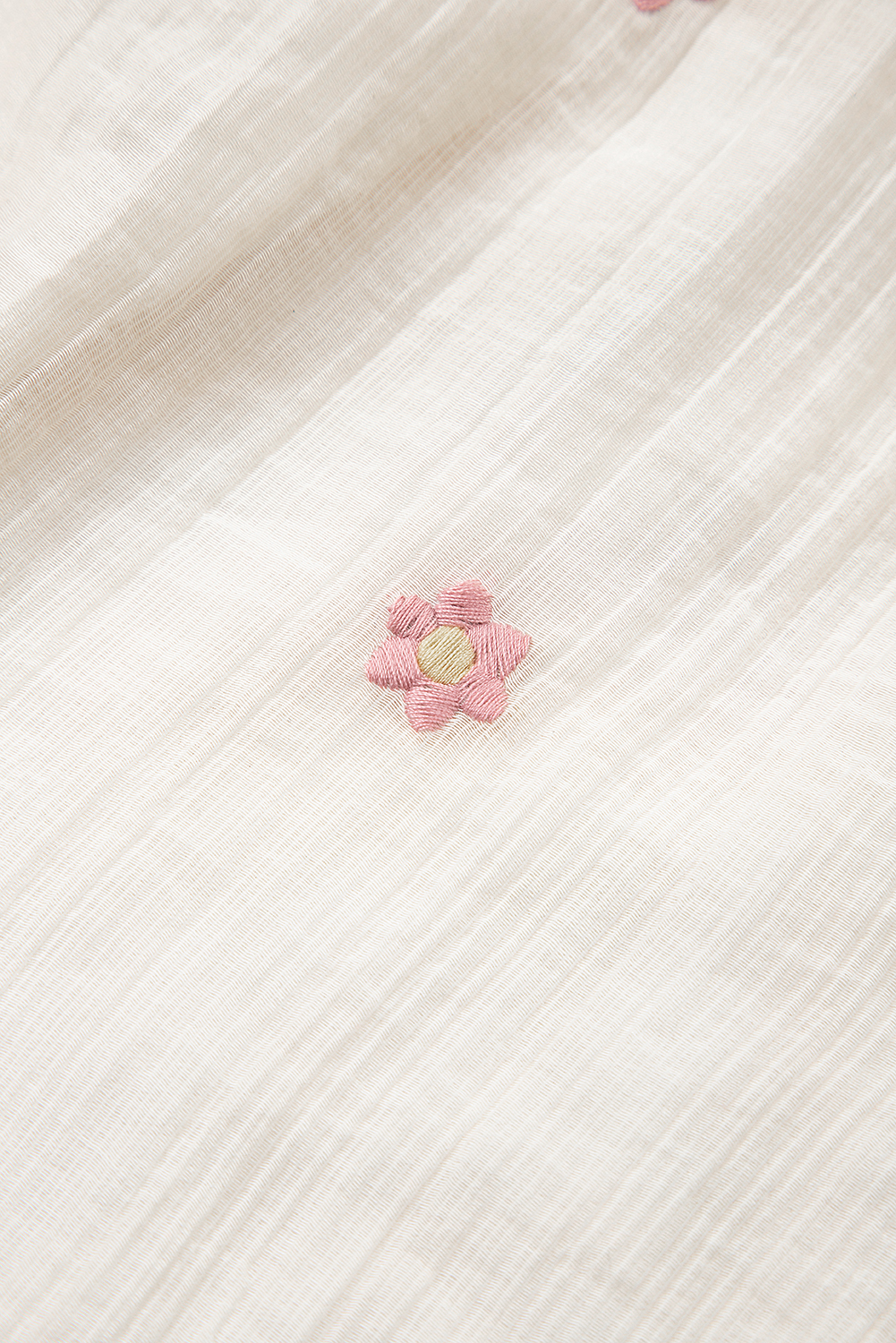 Beige Embroidered Flower Smocked Bust Half Puff Sleeve Empire Waist Textured Flowy Dress