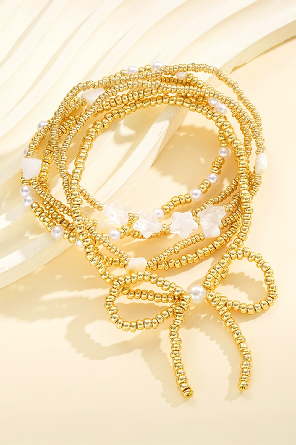 Gold Bow Knot Star Heart Beaded Multi Layer Bracelet