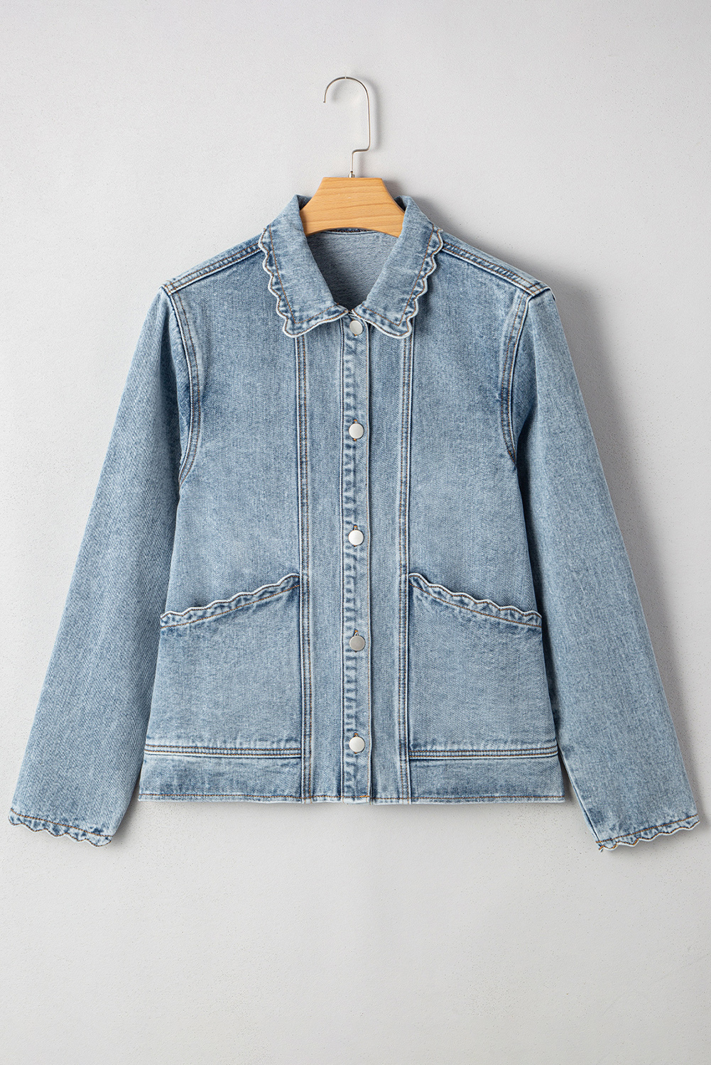 Myosotis Scallop Trim Collar Patched Pocket Button Up Mineral Washed Denim Jacket
