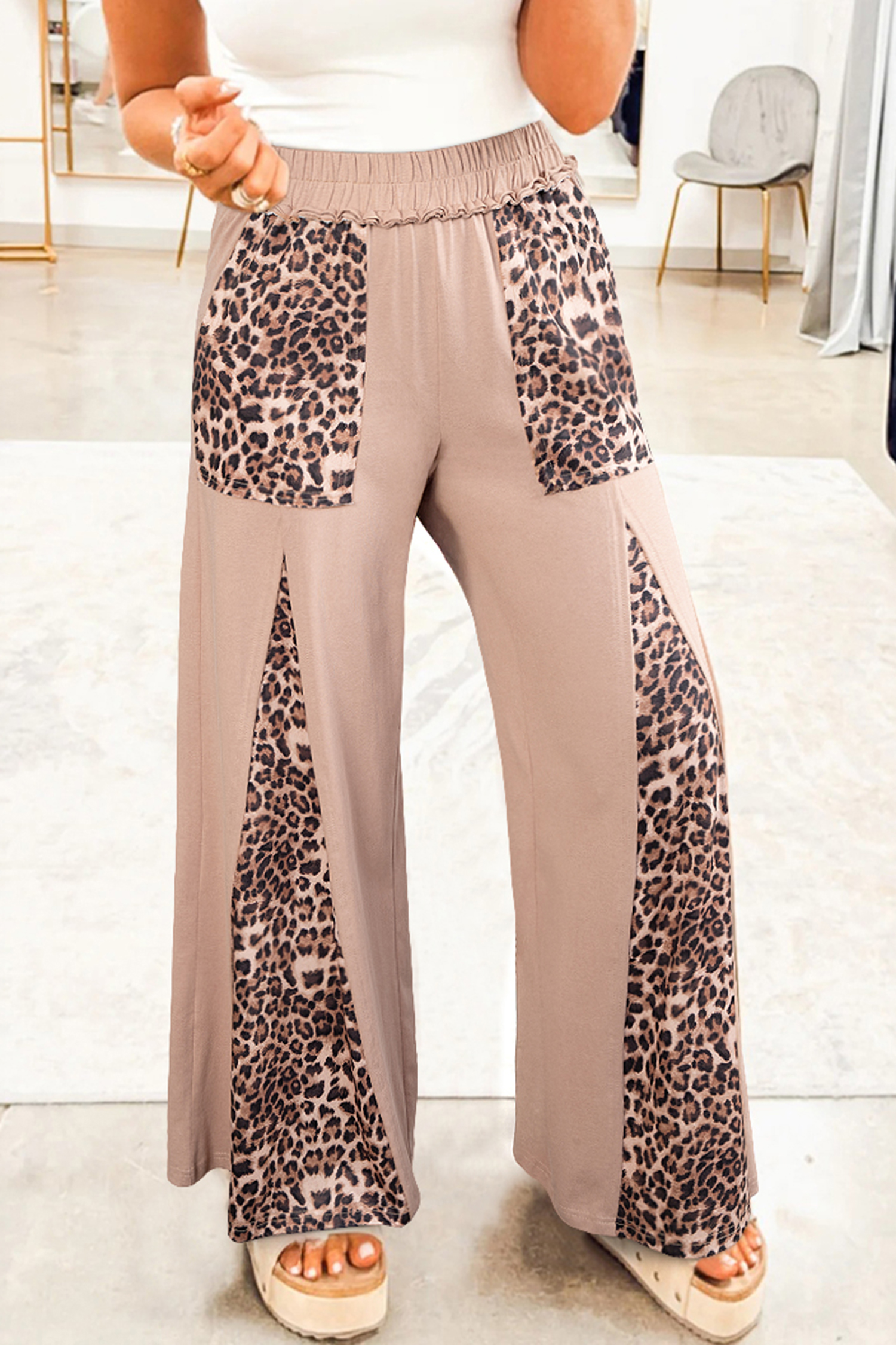 Straw Yellow Mineral Wash Leopard Patchwork Wide Leg Pants