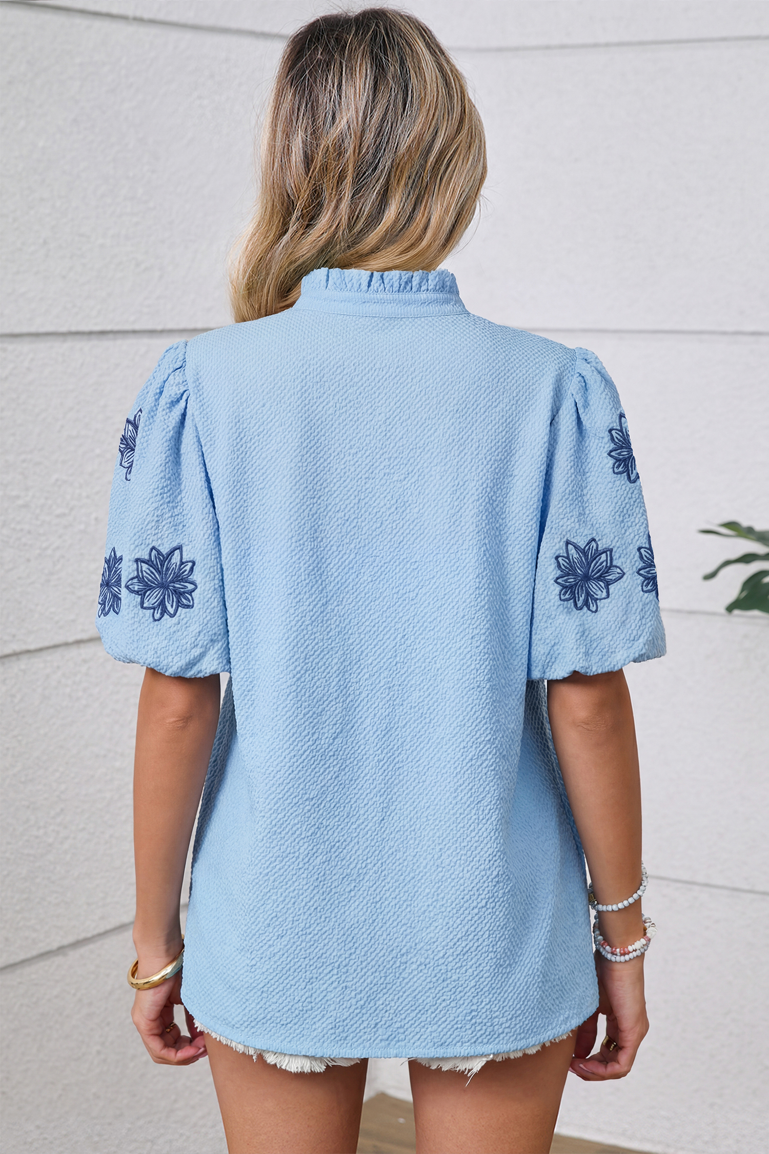 Beau Blue Flower Embroidered Puff Sleeve Split Neck Textured Blouse