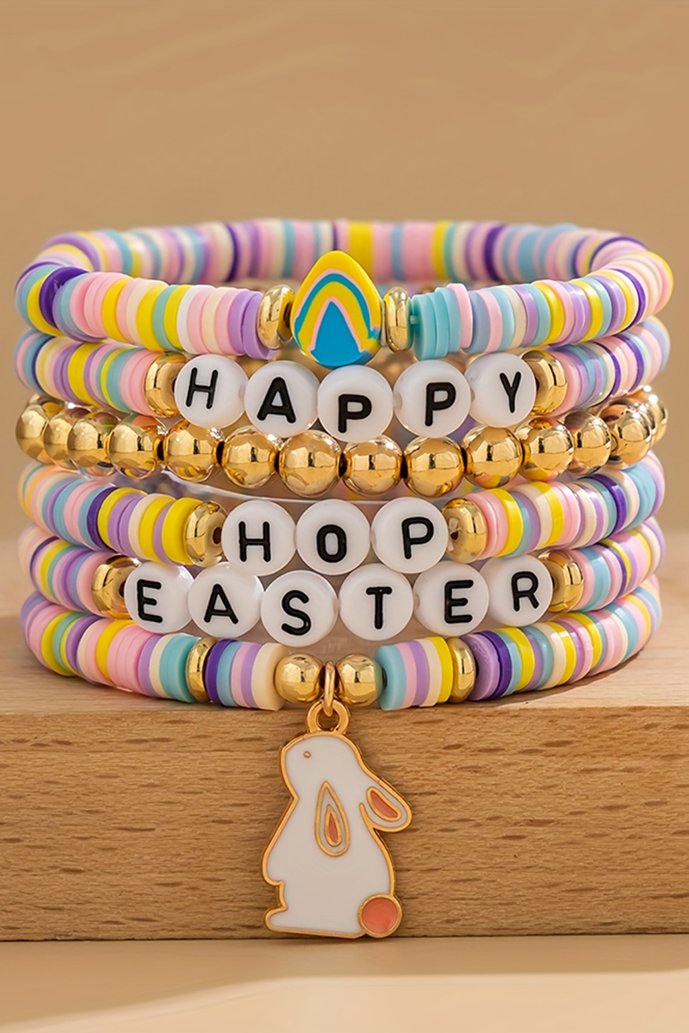 Gold Happy Easter Letter Beaded Elastic Multi Layer Bracelet