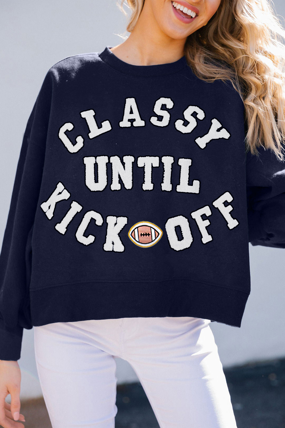 Black CLASSY UNTIL KICKOFF Plush Letter Patched Loose Sweatshirt